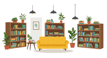 Obraz premium Cozy living room with yellow sofa and bookshelves featuring indoor plants
