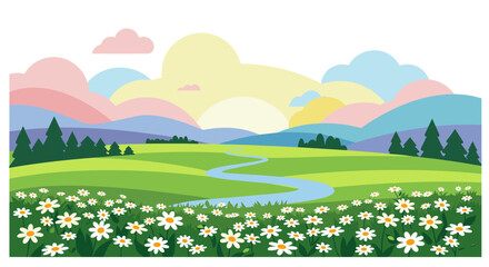 Fototapeta premium Scenic landscape with daisy field and colorful sky in flat design