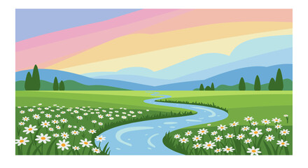 Fototapeta premium Vibrant landscape with rolling hills and river under a multicolored sky