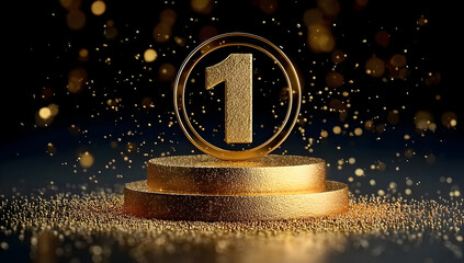 Celebratory gold trophy number one podium representing victory and achievement, surrounded by sparkling particles, perfect for motivational themes.
