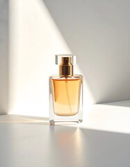 Perfume advertisement, bottle and minimalism: Perfume bottle isolated in center of frame, negative space all around, soft lighting with gentle shadows.