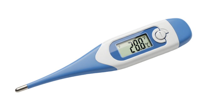 Digital Thermometer Displaying 200 Degrees Celsius with Blue and White Casing.