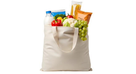 Creamy white tote bag overflowing with fresh groceries and packaged goods.
