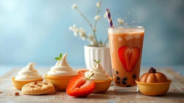 Iced drink with tapioca pearls and desserts, served with fresh berries