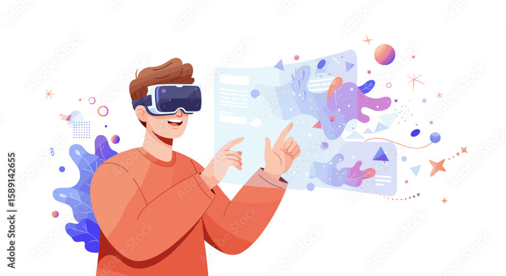 Poster man using virtual reality headset interacting with digital interface in a futuristic concept art