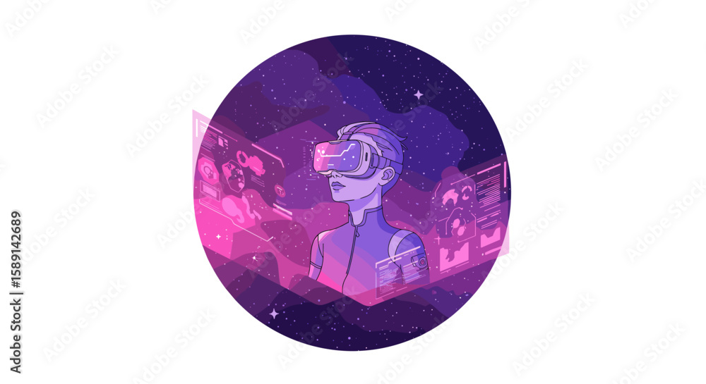 Poster futuristic virtual reality concept with starry background and data elements