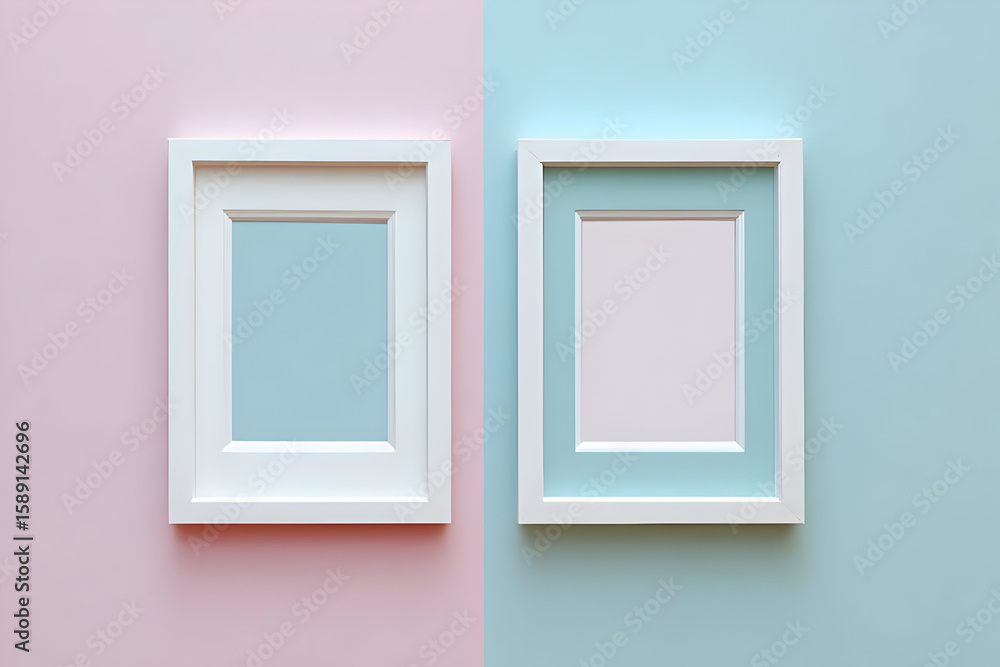 Poster minimalist photo of empty picture frames on pastel backgrounds, showcasing modern design and simplic