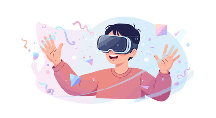 Excited child immersed in virtual reality adventure with fun elements