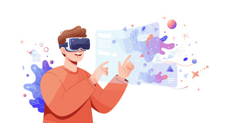 Man using virtual reality headset interacting with digital interface in a futuristic concept art