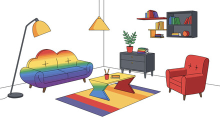 Colorful mid-century modern living room with rainbow furniture and geometric decor