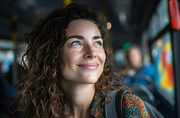 Mid adult woman commuter smiling, standing in a bus during public transport. Female passenger enjoys daily urban commute, happy to travel to work or home. Modern city lifestyle.
