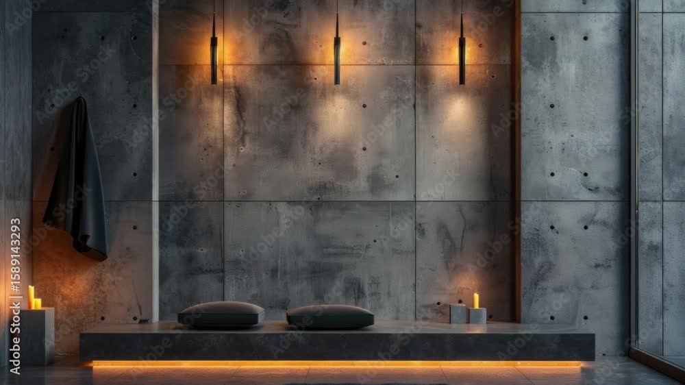 Poster a small room with concreted walls and a bench with candles, perfect for intimate settings or minimal