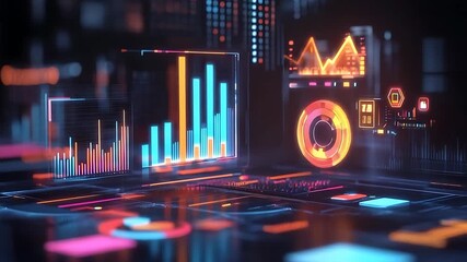 Futuristic data visualization interface displaying colorful graphs and charts in a digital workspace - Powered by Adobe