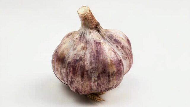 Close-up shot of a garlic bulb on a white surface, ideal for food or culinary use