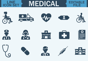  Modern Flat Medical Icons Set Representing Healthcare, Medicine, and Insurance Concepts