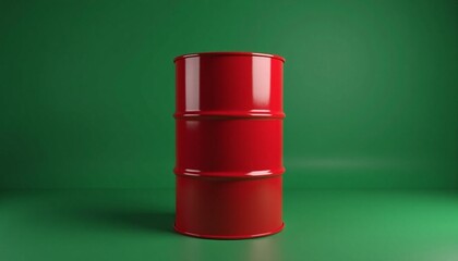 Bright red drum against a solid green backdrop showcasing its vivid color and industrial design barrel of car oil