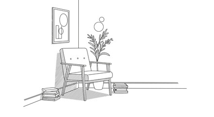 Fototapeta premium Cozy minimalist living room with modern armchair and indoor plant