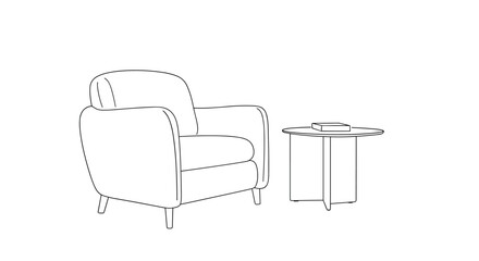 Fototapeta premium Minimalist line drawing of armchair and coffee table in modern interior design