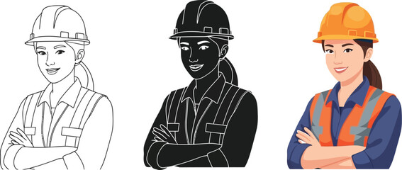 Three versions of a confident female construction worker are showcased, including a line art version, a silhouette, and a full-color illustration wearing a hard hat and safety vest.