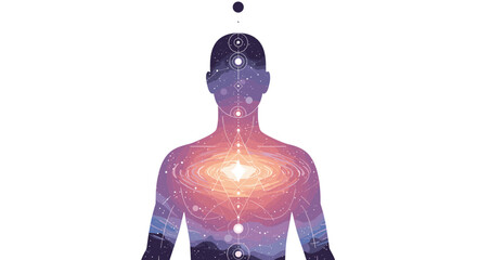Obraz premium Cosmic meditation silhouette with galaxy and chakra alignment on white background