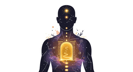 Cosmic human silhouette with celestial and astral elements in mystical design
