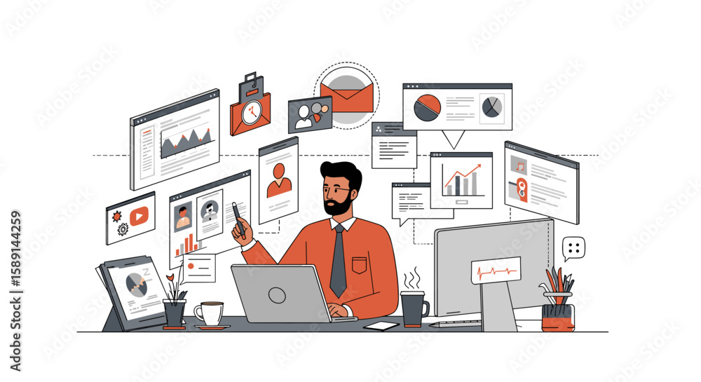 Poster modern office workflow with digital screens and data analysis in flat style