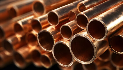 Close-up of polished copper pipes showcasing their smooth surface and shiny finish. Ideal for plumbing, construction, or metalworking themes in various projects.