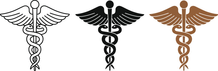 Three Caduceus symbols in line art, black, and brown offer a visual representation of medicine and healthcare, ideal for medical illustrations, logos, and health-related designs.