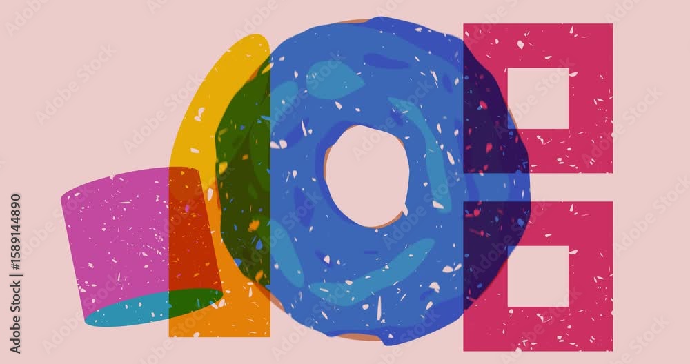 Poster risograph doughnut with geometric shapes animation. moving object in trendy riso graph design video.