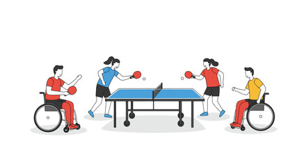 Inclusive ping pong game featuring players with disabilities in flat design