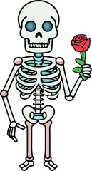 Cartoon skeleton holding a red rose human skeleton bone