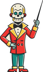 Cartoon skeleton presenter in red suit holding pointer costume