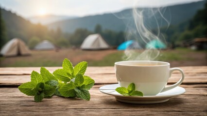 Digital detox camp concept. A steaming cup of herbal tea on a wooden table with tents and mountains in the background.