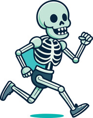 Cartoon skeleton running with blue shorts and shoes white