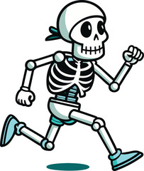 Cartoon skeleton running with blue bandana and shoes character illustration