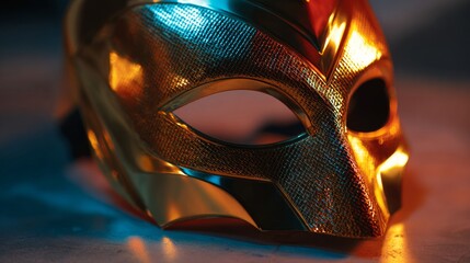 Golden masquerade mask on a colorful background with dramatic lighting  