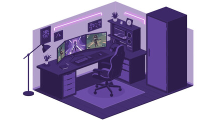 Isometric gaming setup with neon lights in a modern purple room