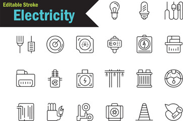 Editable Stroke Electricity Icons Power & Energy Symbols