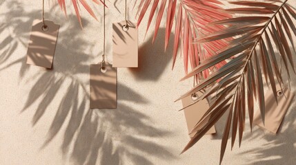 Abstract composition of hanging tags with tropical palm leaves shadows  