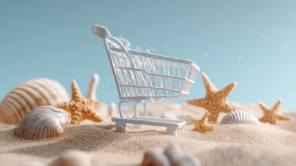 Shopping cart placed in sandy beach with seashells and stars  