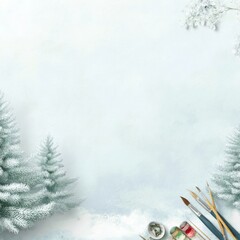 Winter scene with snow-covered trees and art supplies on the ground  