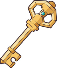 Ornate golden key with turquoise gem antique treasure