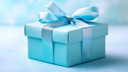 Obraz premium Light blue gift box with a light blue ribbon bow.