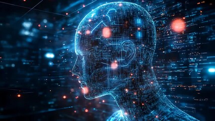 Futuristic digital human silhouette surrounded by glowing data streams and particles in a tech environment - Powered by Adobe