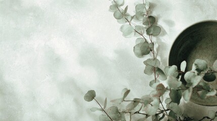 Eucalyptus branches placed beside a vintage bowl on textured background  