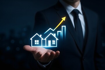 Real estate growth and investment success illustrated by a businessman