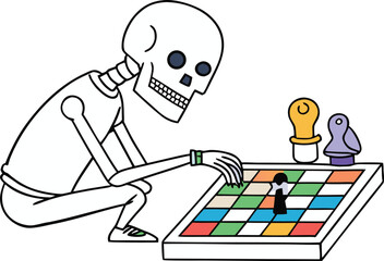 Skeleton playing a colorful board game pieces