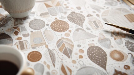 Decorative tablecloth with geometric patterns in neutral tones  
