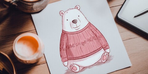 Cute bear illustration wearing red sweater on wooden table  