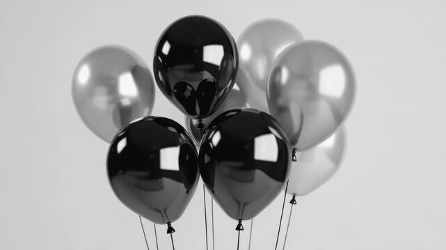 A bunch of black and white balloons floating in the air, great for party or celebration scene